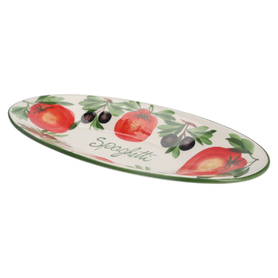 VASSOIO OVALE IN CERAMICA DECORATO CON POMODORI E OLIVE