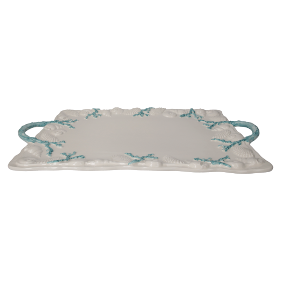 VASSOIO DA PORTATA IN CERAMICA CON MANICI E DECORAZIONI IN CORALLO