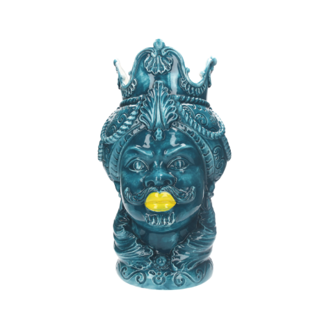 VASO TESTA UOMO PETROLIO CON LABBRA GIALLE DECORATIVO IN CERAMICA