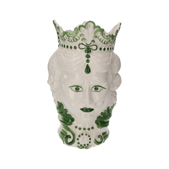VASO TESTA PRINCIPE IN CERAMICA BIANCA DECORI VERDI