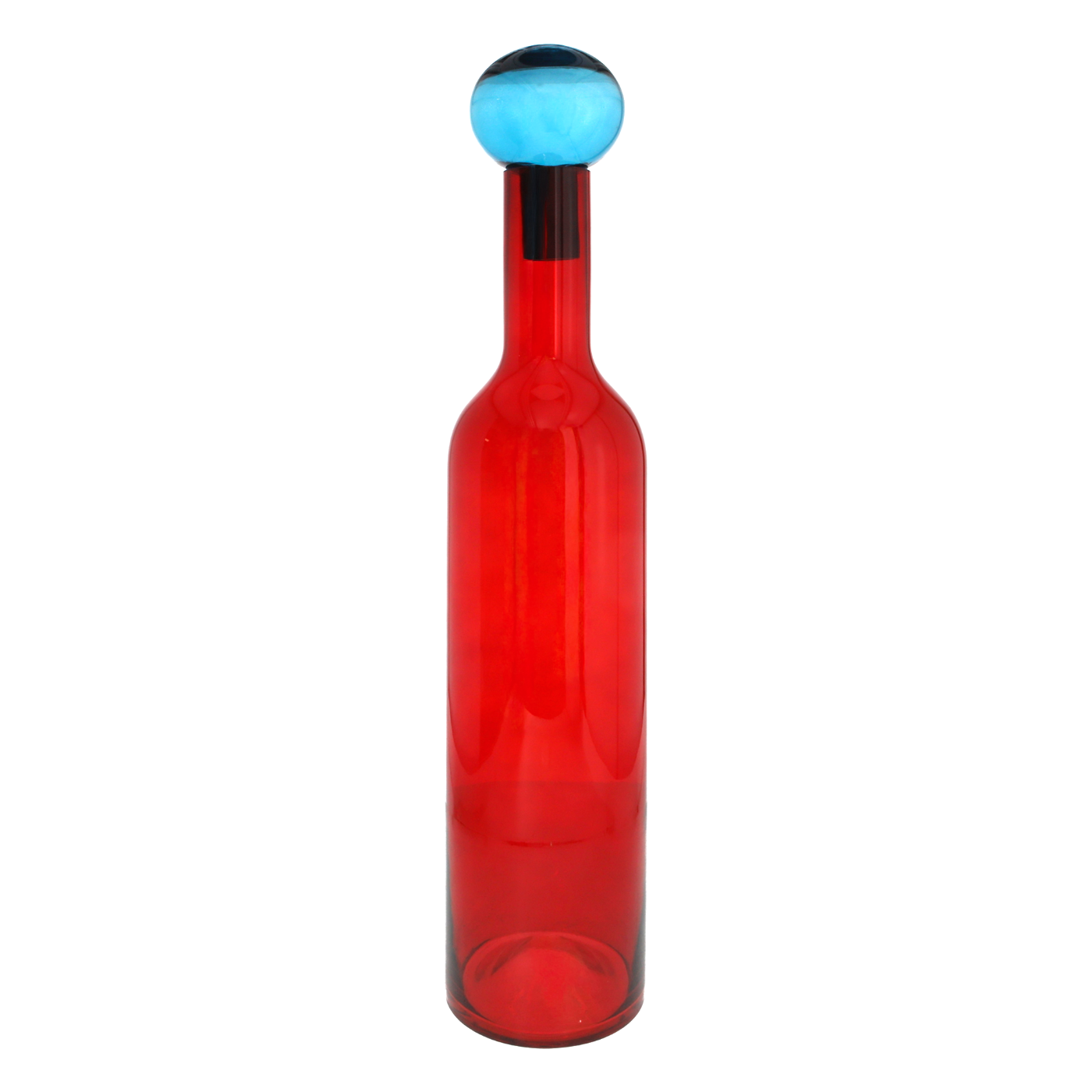 BOTTIGLIA ROSSA IN VETRO SOFFIATO CON TAPPO AZZURRO H.74X14