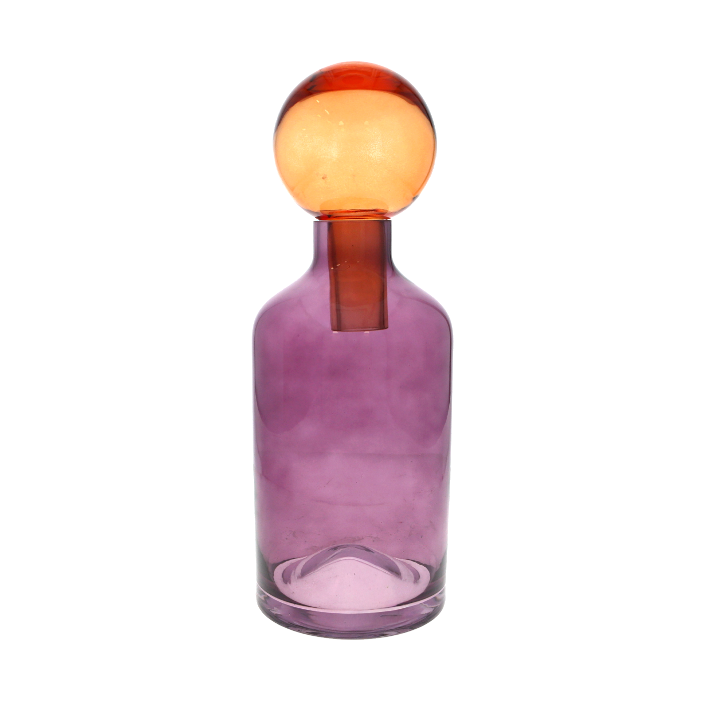 BOTTIGLIA IN VETRO SOFFIATO VIOLA CON TAPPO GIALLO H.39X14 