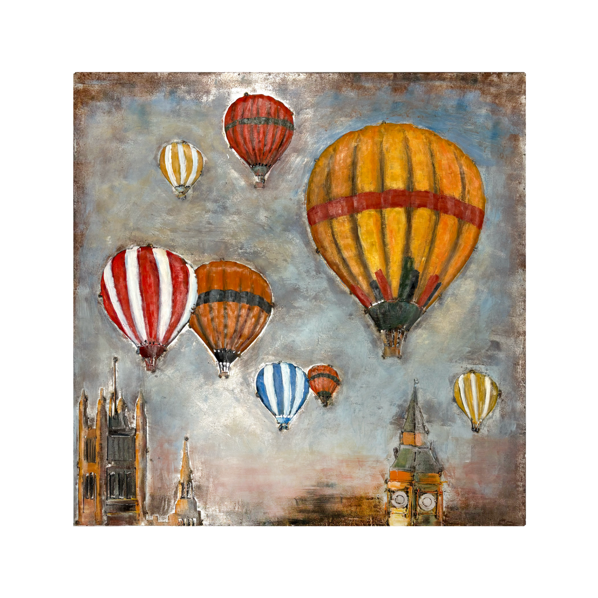 QUADRO DECORATIVO IN METALLO MONGOLFIERE LONDRA 80X80X8 CM
